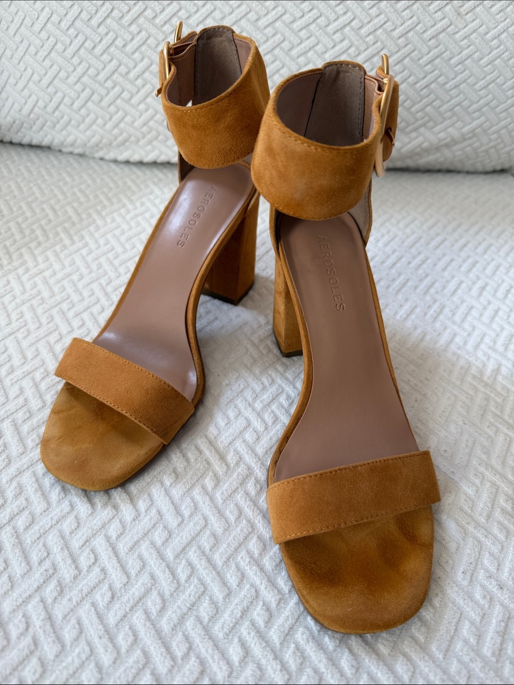 AEROSOLES Cognac Suede Block Heel Sandals with Ankle Buckle